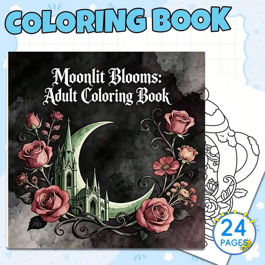 2027 New Moonlit Blossoms Adult Coloring Book, 20*20cm Square Format, 24 Pages, 120g Thick Pearlescent Paper, Dark Gothic Manga Style, Crescent Moon, Vintage Castle With Fragrant Twining Rose Vines, Mysterious And Elegant Atmosphere