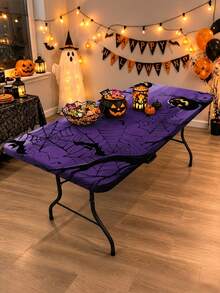 1pc Wrinkle-Resistant Rectangular Halloween Theme Elastic Tablecloth, Pumpkin Bat Ghost Halloween Print Tablecloth, Reusable Party Tablecloth, Suitable For Outdoor Patio Dinner, Halloween Garden Party, Outdoor Autumn Holiday Decor - A - View 3