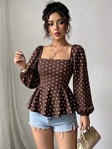 Blus Wanita Lengan Panjang Model Peplum Motif Polkadot Cokelat Vintage - Coffee Brown - View 4