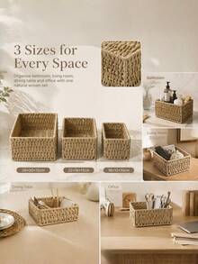 1/3pcs Handmade Woven Rattan Storage Tray Desktop Organizer, Suitable For Cosmetics, Keys, Jewelry, Stationery And Other Small Daily Items, Multi-Functional Stackable, Rustic Natural Woven Rattan Finish, Versatile Fashionable, Suitable For Home Living Room Bedroom Study Office Desktop - Camel - View 10