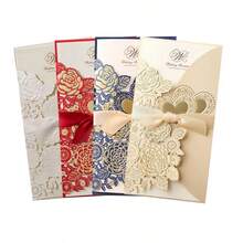 1set Laser Cut Wedding Invitations Card Heart Customize Greeting Cards With Ribbon Bridal Shower Wedding Party Supplies - View 1