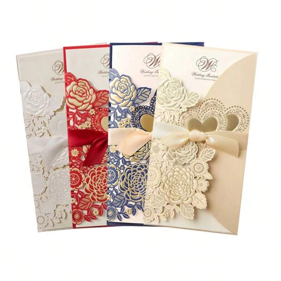 1set Laser Cut Wedding Invitations Card Heart Customize Greeting Cards With Ribbon Bridal Shower Wedding Party Supplies - View 1