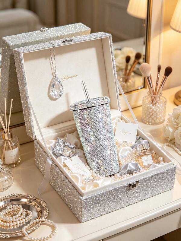 1 pieza Taza de agua aislada de acero inoxidable con strass brillante - Taza de viaje portátil a prueba de fugas con tapa, taza con pajita de fondo plano, adecuada para deportes al aire libre, fitness, hogar, cocina, oficina, café helado, jugo, té, leche de avena, perfecta para sesiones de fotos de hermanas
