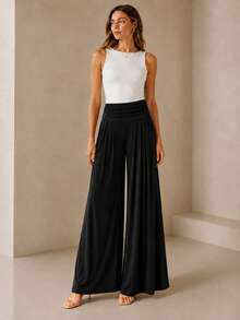 Women's High Waist Pleated Palazzo Pants Solid Black Wide Leg Modal Knit Trousers - Black - View 6