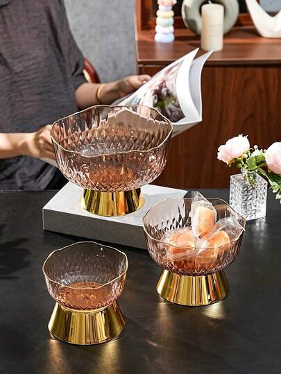 1 pieza Bol de almacenamiento de aperitivos de material PET engrosado, bandeja de lujo creativa para frutas secas, bol de frutas de pie alto con borde dorado para mesa de café del hogar