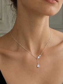outingfit 1pc New Y-Shaped Rhinestone Inlaid Teardrop Pendant Necklace, Women's Minimalist Elegant Rhinestone Choker Necklace, Suitable For Daily Wear And Party Occasions - Silver - View 1