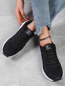 Women's Low-Top Sneakers - EVA Sole, All-Season Lace-Up Athletic Shoes, Lightweight Durable Knit Design, Multiple Colors Available, Comfortable Fit - Black - View 3