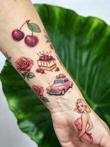 Sweet Cool Girl Style Pink Cherry Waterproof Temporary Tattoo Stickers, Fresh Cake Rose Pattern, Vintage Design, Suitable For Arm, Chest And Back Decoration, Lasts 2-5 Days - Multicolor - View 3