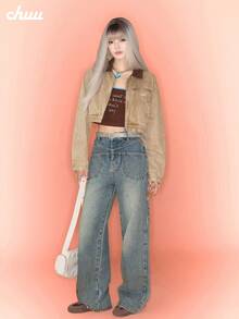 CHUU Women's Collared Zip-Up Jacket, Autumn Casual Versatile Youthful Sweet Cool Crop Top - Coffee Brown - View 6