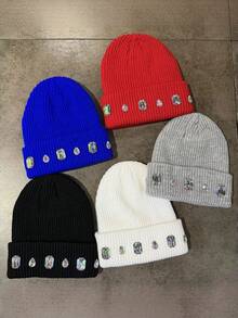 1pc Colorful Rhinestone Beanie Knit Hat Punk Style With Rhinestones Autumn/Winter Fashion Versatile Couple Hat Warm Hat Suitable For Daily Wear, Home, Outdoor, Cycling, Fishing (Rhinestone Color And Position Random) - Multicolor-d - View 2