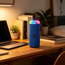 Parlante Bluetooth Portátil con Efectos de Luz RGB, Radio FM y Ranura para Micro SD, Bocina Recargable de Tela con Correa, Sonido Potente para Fiesta y Exterior - Azul - Ver 5