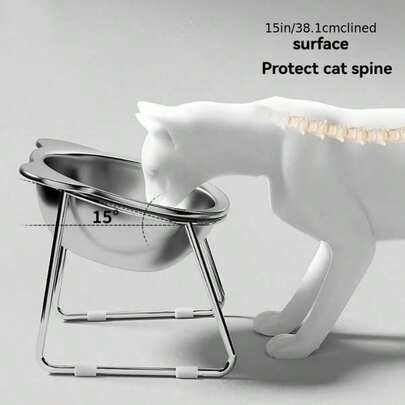 1pc Elevated Tilted Pet Bowl, Cat Food Bowl, Elevated Slanted Water Bowl, Stainless Steel Feeding Bowl With Metal Stand, Spine-Protecting Pet Feeding Supplies, Suitable For Indoor Home, Winter Holidays
