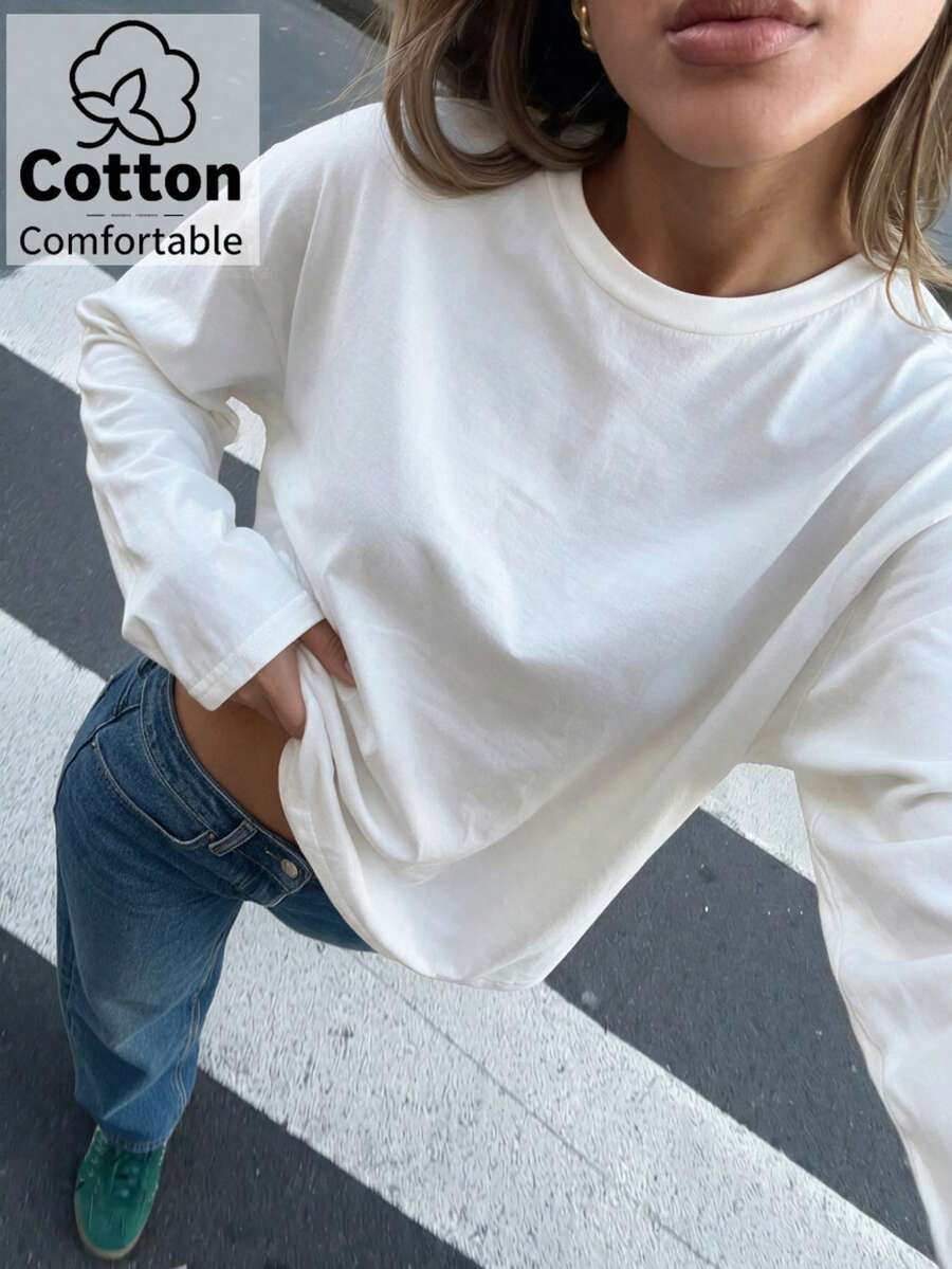 Women's All-Match White Crew Neck Drop Shoulder Long Sleeve T-Shirt, Loose Fit 100% Pure Cotton Solid Color Versatile Base Layer Top, Suitable For Casual Daily Wear - White - View 1