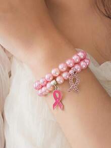 European And American Breast Cancer Awareness Pink Beaded Bracelet For Women, Pink Ribbon Pendant Hand Accessory - Multicolor - View 1