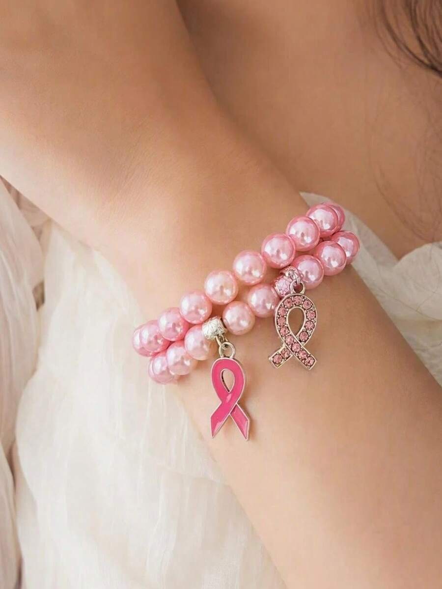 European And American Breast Cancer Awareness Pink Beaded Bracelet For Women, Pink Ribbon Pendant Hand Accessory - Multicolor - View 1