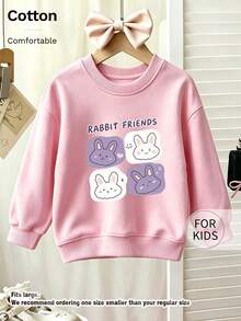 Tween Girl Crew Neck Sweatshirt, Rabbit Friends Cute Cartoon Bunny Graphic Print Cotton Pullover For Tween Girl - Pink - View 7