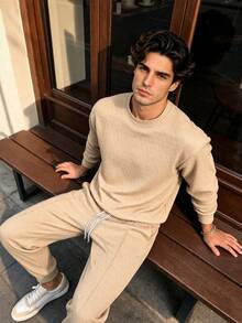 Men's Spring/Autumn Crew Neck Sweatshirt & Long Pants Casual Fashion Set, Suitable For Daily Commute And Vacation - Khaki - View 1