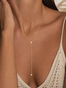 1pc 925 Sterling Silver Lasso Necklace With 2 Cubic Zirconia Exquisite Teardrop Pendants, Women's Long Necklace - Necklace - View 1