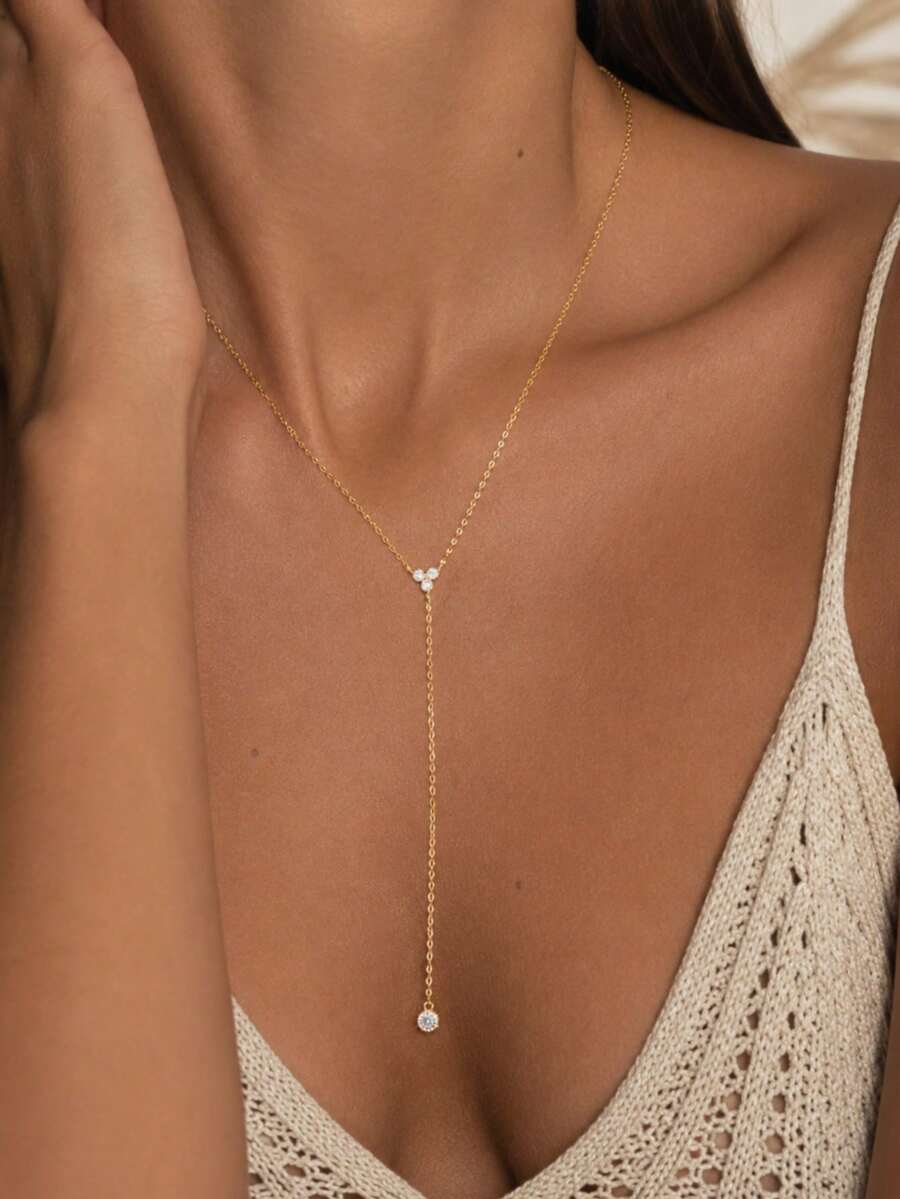 1pc 925 Sterling Silver Lasso Necklace With 2 Cubic Zirconia Exquisite Teardrop Pendants, Women's Long Necklace - Necklace - View 1