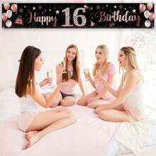 2D Flat 1pc Rimbol Polyester Birthday Banner Set - Versatile Garden Party Decoration For All Seasons, Black And Rose Gold, Suitable For 10th, 13th, 16th, 18th, 20th, 21st Birthday, Outdoor Photo Backdrop - A - View 15