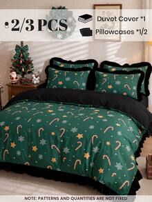 2/3pcs Ruffled Duvet Cover Set, Christmas Bedding, Green Candy Cane Snowflake Star Print Bedding Set, Cozy Room Decor, Skin-Friendly & Breathable, Supersoft& Anti-Pilling, No Insert, Fits Twin Full King Queen, All Seasons, Machine Washable - Multicolor - View 3