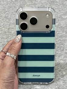 Cute Color-Block Striped Glossy Phone Case Compatible With IPhone 17 Pro Max 17 Pro 17 16 Pro Max 16 Pro 16 15 Pro Max 14 13 15 Pro 15 14 16 Plus Minimalist Protective Shell - Baby Blue - View 2