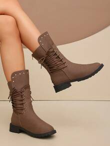 Fashionable Western Boots, Brown Lace-Up Mid-Calf Boots. Rivet Decor Side Zipper Non-Slip Thick Sole Autumn/Winter Workwear Style Casual Women's Boots. Back Zipper Lace-Up Design Motorcycle Boots - Rust Brown - View 1