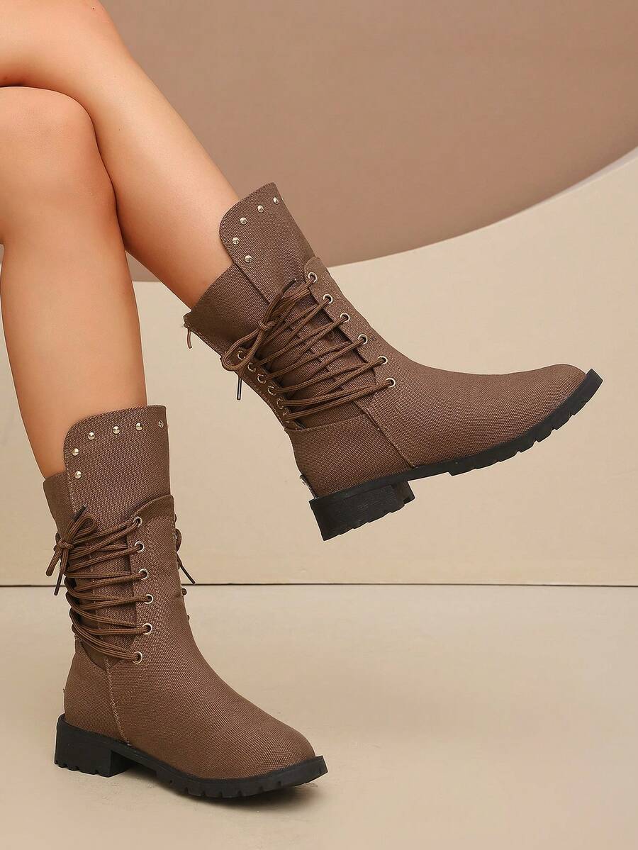 Fashionable Western Boots, Brown Lace-Up Mid-Calf Boots. Rivet Decor Side Zipper Non-Slip Thick Sole Autumn/Winter Workwear Style Casual Women's Boots. Back Zipper Lace-Up Design Motorcycle Boots - Rust Brown - View 1