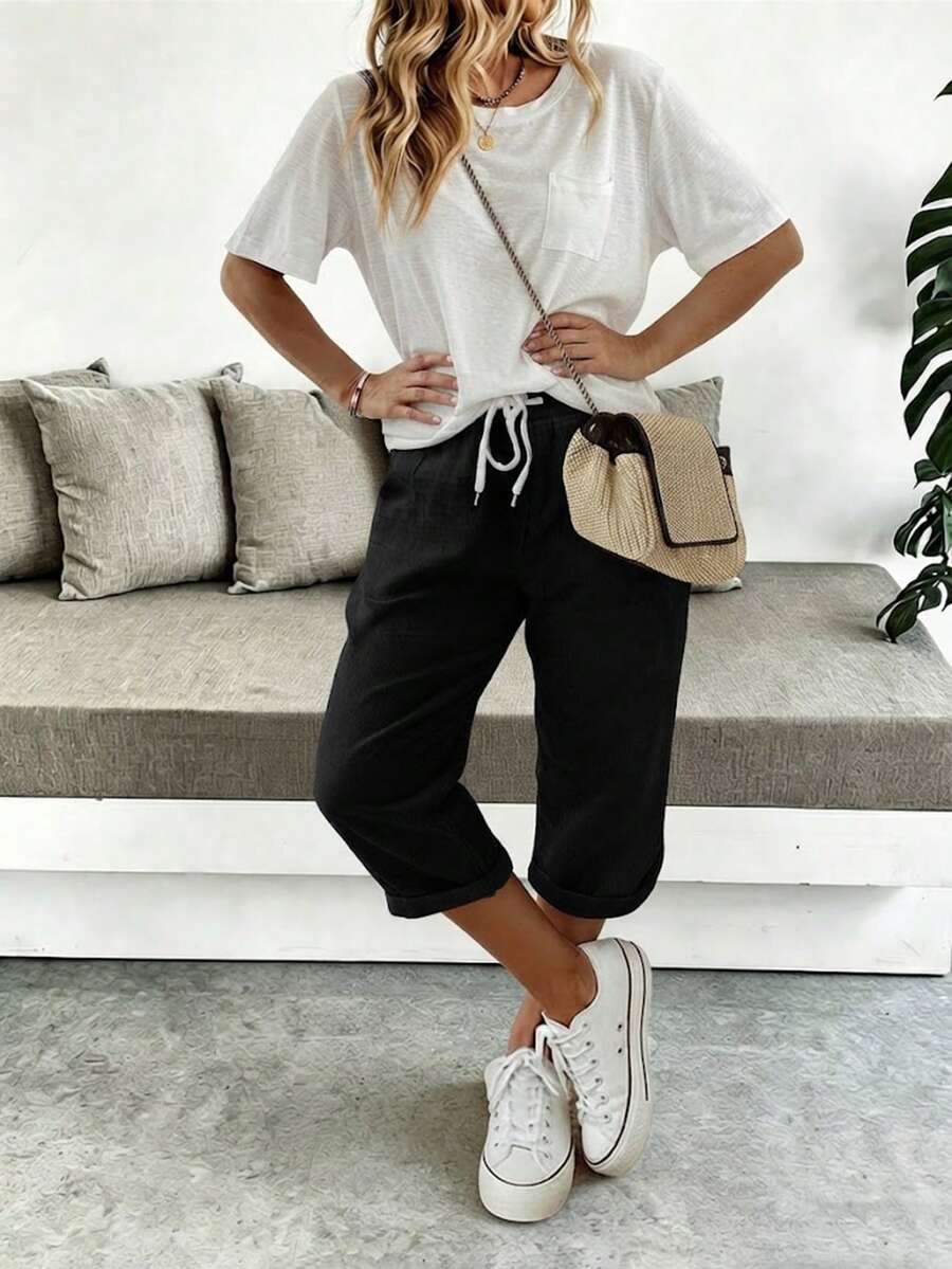 Jisfaneya Women's Plus Size Casual Solid Color Capri Pants, Elastic Waistband Drawstring Pocket Design Black Summer - Black - View 1