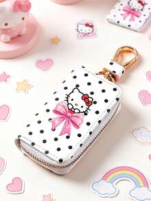 SANRIO Hello Kitty Print Universal Polka Dot Glossy Car Key Holder Zipper Pouch With Inner Chain & Gold Clip Hook, Anti-Scratch Key Fob Cover Case - Multicolor - View 5