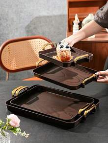 Walnut Wood Grain Tray, Thickened PET Rectangular Tray With Handles, Plastic Storage Tray, Suitable For Tea Cups, Water Cups, Snacks, Fruits, Dried Fruits, Candy Storage - Wood Grain - View 2