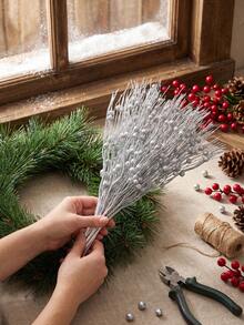 6pcs Silver Glitter Christmas Tree Decorative Branches With Berries And Artificial Flowers, Suitable For Holiday, Wedding, Party, Tabletop Decor, DIY Decoration Accessories, Christmas Tree And Christmas Plant Decoration - Silver - View 3