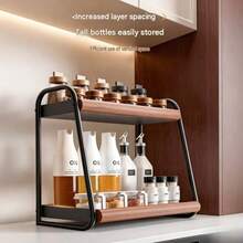 Kitchen Countertop 2-Tier Spice Rack, Iron & Wood Grain Design, Home Oil, Salt, Soy Sauce, Vinegar Seasoning Bottle Storage Organizer, Multifunctional Desktop Spice Organizer Rack - Multicolor - View 8