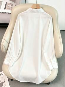 Plus Size White Long Sleeve Button-Up Shirt Casual Loose Long Top Women's Blouse - White - View 3