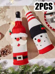 Santa Claus & Snowman Knitted Wine Bottle & Glass Cover Set, Christmas Wine Bottle Decoration Set, Christmas Home Kitchen Dinner New Year Decor - View 14