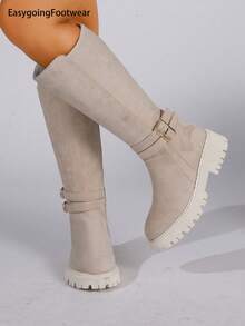 Beige Double Buckle Thick Sole Side Zipper Autumn/Winter Versatile Non-Slip Chunky Heel Tall Boots - Beige - View 4