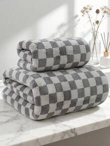 1/2 Pcs(13.39*29.13 Inch/27.56*55.12 Inch)Checkerboard Coral Fleece Towel&Bath Towel Set,Ultra‑Soft Skin‑Friendly,High Water‑Absorbent,Lint‑Free,Quick‑Dry Thick Hand Towel, For Daily Use In Bathroom,Shower,Gym,Spa,Dorm Must‑Have For Back‑To‑School - Grey - View 1