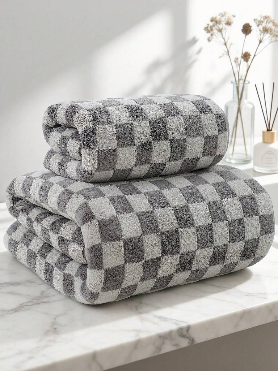 1/2 Pcs(13.39*29.13 Inch/27.56*55.12 Inch)Checkerboard Coral Fleece Towel&Bath Towel Set,Ultra‑Soft Skin‑Friendly,High Water‑Absorbent,Lint‑Free,Quick‑Dry Thick Hand Towel, For Daily Use In Bathroom,Shower,Gym,Spa,Dorm Must‑Have For Back‑To‑School - Grey - View 1