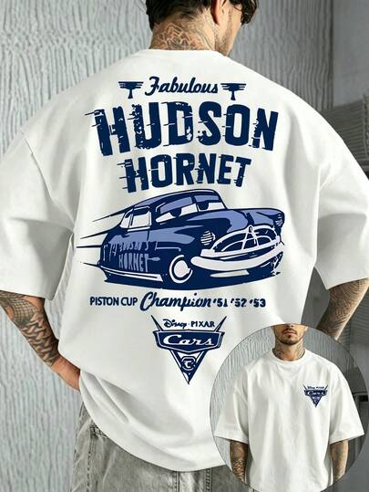 Disney Men's Car Pattern Racing T-Shirt, Retro Piston Cup Championship Short-Sleeved Casual T-Shirt