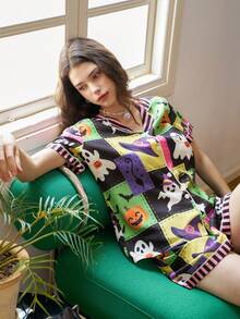 Women Halloween Notch Collar Short Pajama Set, Patchwork Ghost Witch Pumpkin Print Bubble Crinkle Short Sleeve Top & Shorts Holiday Loungewear PJs - Multicolor - View 3