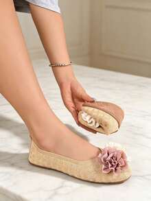 Women's Square Toe Flat Slip-On Shoes, 3D Fabric Floral Design, Shallow Cut, Soft Sole, Gentle Vacation Style, Autumn - Apricot - View 2