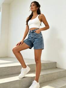 Shorts de mezclilla para mujer de cintura alta, lavado desgastado, corte holgado, shorts vaqueros cómodos, ideal para verano, disimula caderas anchas, ropa casual urbana - Azul lavado oscuro - Ver 4