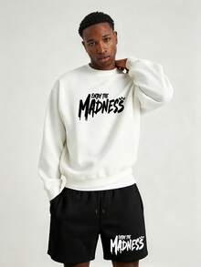 Men's Spring/Autumn Minimalist Skateboard Print Letter Crew Neck Long Sleeve Sweatshirt And Shorts Casual Set - Black and White - View 2