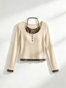 Women's U-Neck Long Sleeve T-Shirt, American Hot Girl Style, Spring/Autumn New Fashion Halter Leopard Print Patchwork Button Design, Casual Versatile Slimming Fitted Crop Top - Khaki - View 3