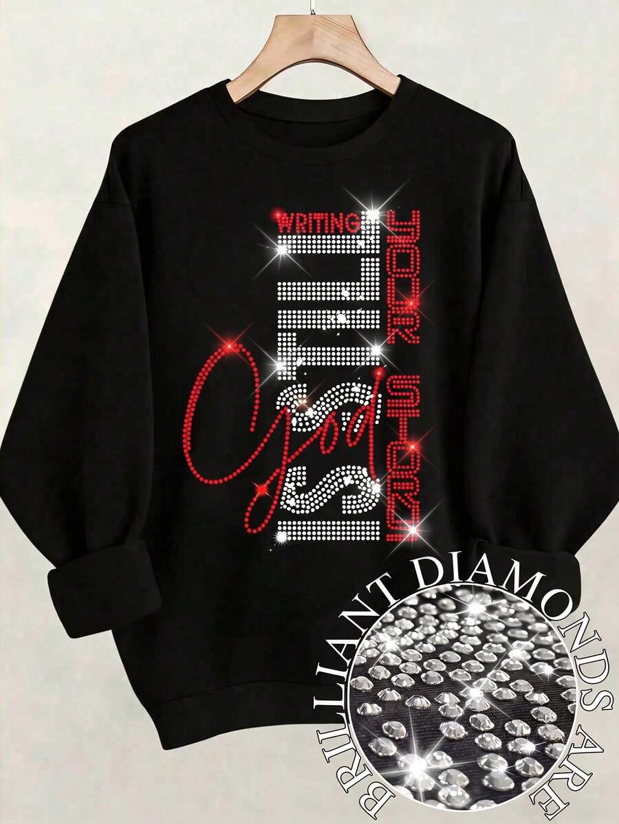 Women's Black Rhinestone Sweatshirt, Printed With "God Is Still Writing Your Story" Jesus Faith Christian Quote Pullover - Multicolor - View 1