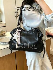 1件新款女款刺繡字母PU托特包，附星星吊飾，抽繩肩帶大容量通勤腋下包，休閒日常上班百搭手提斜跨包 - 黑色 - 查看 10