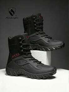 Men's Breathable Durable Side Zipper Lace-Up Round Toe High-Top Thick Sole Tactical Boots, Outdoor Hiking Desert Climbing Tactical Outdoor Spring Summer Suitable For Outdoor Hiking - Black - View 3