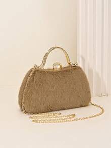 LJDCRFT Women's Fuzzy Evening Clutch, Pearl And Rhinestone Decorated Handbag With Metal Top Handle, Suitable For Parties, Weddings, Balls, And Other Occasions - Camel - View 2