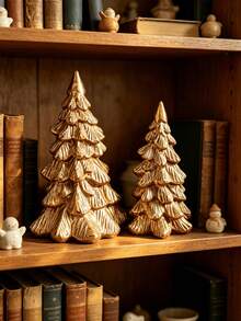 1 Set Vintage Metallic Gold Resin Christmas Tree Ornament, Desktop Christmas Decoration, Can Be Placed On Fireplace Mantel, Bookshelf, Coffee Table To Create Holiday Home Decor Atmosphere - 2pcs - View 6