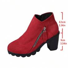 Women's Autumn/Winter Solid Color Side Zipper Chunky Heel Ankle Boots, Fashion Thick Platform Waterproof Versatile Western Style Side Zipper Chunky Heel Holiday Outdoor - Red - View 7